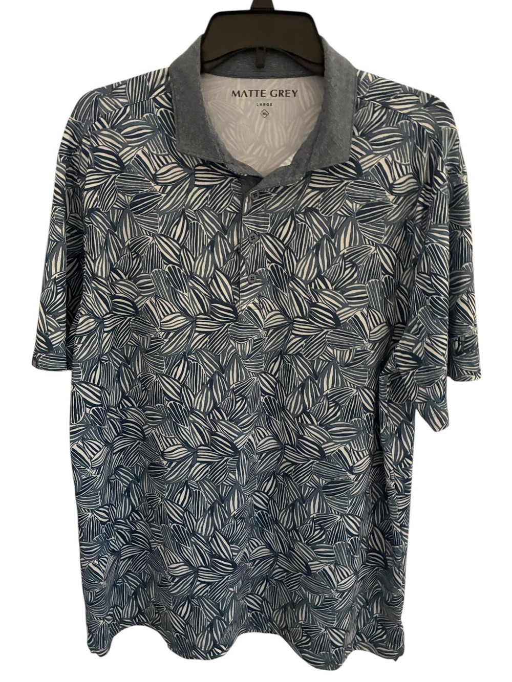 Matte Grey Blue Leaf-Print Polo Shirt Men’s Size L